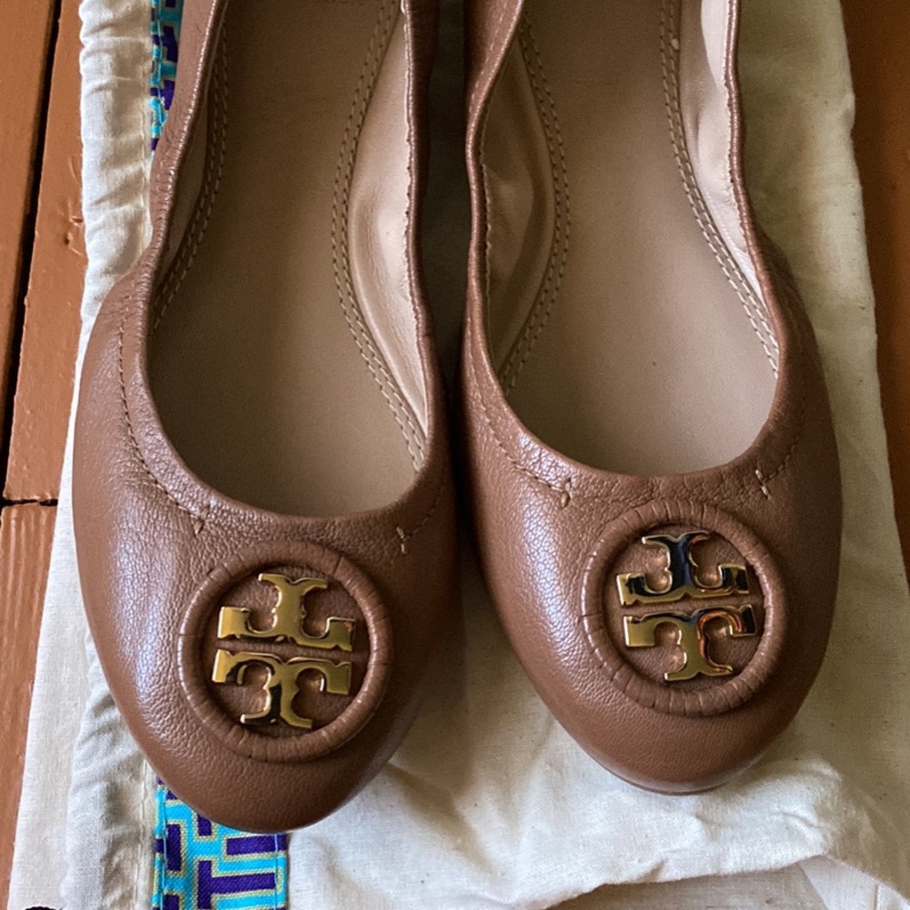 Brown and gold Tory Burch flats